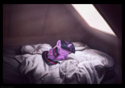 Size: 1075x755 | Tagged: safe, artist:lova-gardelius, twilight sparkle, pony, g4, bed, crepuscular rays, cute, dust motes, eyes closed, female, filly, filly twilight sparkle, pillow, prone, sleeping, solo, twiabetes, window