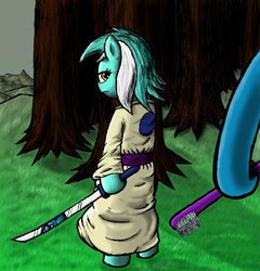 Size: 1072x1116 | Tagged: safe, artist:darkone10, lyra heartstrings, minuette, g4, samurai, toothbrush