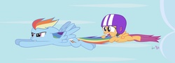 Size: 1076x390 | Tagged: safe, artist:dm29, rainbow dash, scootaloo, g4, duo, female, flying lesson, tail hold