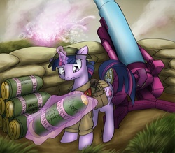 Size: 1368x1200 | Tagged: safe, artist:conicer, twilight sparkle, pony, g4, artillery, cannon, clothes, female, frown, glowing horn, gun, hat, horn, magic, mare, partillery, party cannon, solo, telekinesis, uniform, war, world war i