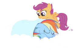 Size: 950x659 | Tagged: safe, artist:dm29, rainbow dash, scootaloo, pegasus, pony, g4, blanket, cute, duo, female, scootalove, simple background, sleeping, transparent background