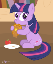 Size: 820x988 | Tagged: safe, artist:dm29, twilight sparkle, pony, unicorn, g4, apple, cute, eating, female, food, herbivore, looking at you, solo, unicorn twilight, waffle