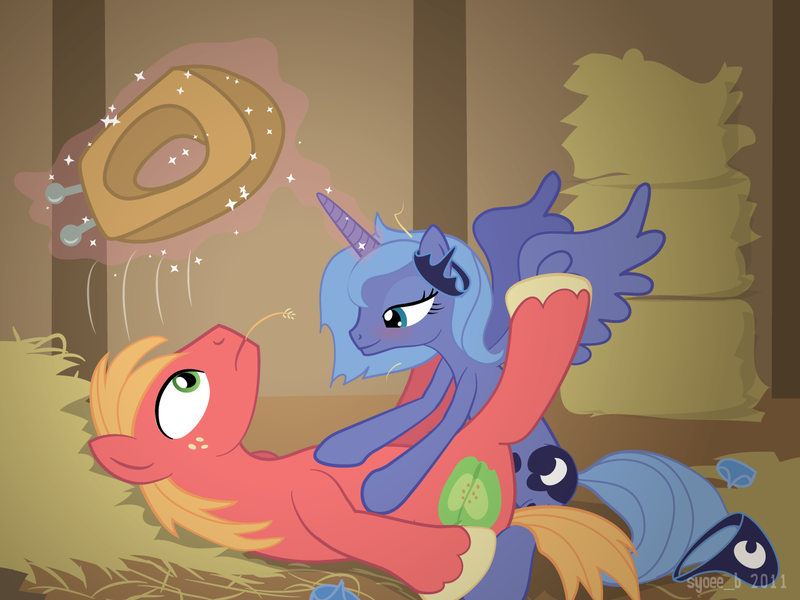 26038 - suggestive, artist:syoee b, big macintosh, princess luna, alicorn,  earth pony, pony, barn, bedroom eyes, blushing, duo, female, frown, glowing  horn, hay, hooves, horn, imminent sex, jewelry, legs in air, levitation,