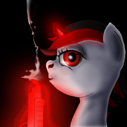 Size: 1500x1500 | Tagged: safe, artist:aaronmk, oc, oc only, oc:blackjack, pony, unicorn, fallout equestria, fallout equestria: project horizons, bust, fanfic, fanfic art, female, glowing horn, gun, hooves, horn, levitation, magic, mare, portrait, simple background, small horn, smoke, solo, telekinesis, weapon