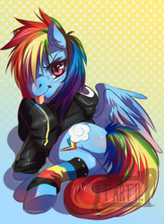 Size: 1154x1577 | Tagged: safe, artist:tartii, rainbow dash, pegasus, pony, g4, clothes, cute, dashabetes, ear fluff, female, hair over one eye, hoodie, looking at you, looking back, looking back at you, prone, solo, tongue out