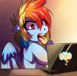 Size: 962x947 | Tagged: safe, artist:tartii, rainbow dash, pegasus, pony, g4, computer, disgusted, female, laptop computer, mare, open mouth, solo, tongue out