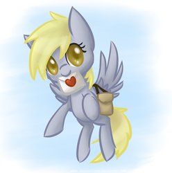 Size: 1758x1773 | Tagged: safe, artist:chiramii-chan, derpy hooves, pegasus, pony, bag, c:, cute, derpabetes, female, flying, letter, looking at you, mare, mouth hold, saddle bag, smiling, solo, spread wings