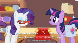 Size: 858x474 | Tagged: safe, screencap, rarity, twilight sparkle, pony, g4, suited for success, bag, clothes, dress, duo, glasses, missile, nuclear weapon, rarity's glasses, saddle bag, too poofy, weapon, youtube caption