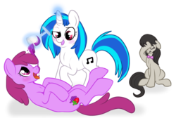 Size: 598x402 | Tagged: safe, artist:lulubell, berry punch, berryshine, dj pon-3, octavia melody, vinyl scratch, g4, blushing, drunk, facehoof, simple background, transparent background, wine