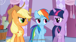 Size: 854x470 | Tagged: safe, edit, edited screencap, screencap, applejack, rainbow dash, twilight sparkle, earth pony, pegasus, pony, unicorn, g4, suited for success, caption, carousel boutique, female, folded wings, glare, horn, implied farting, indoors, mare, nose wrinkle, unicorn twilight, wings, youtube caption