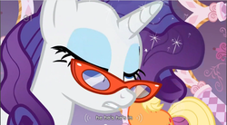 Size: 858x474 | Tagged: safe, screencap, applejack, rarity, earth pony, pony, unicorn, g4, suited for success, dialogue, female, glasses, gritted teeth, implied sex, mare, messy mane, mid-blink screencap, out of context, rarity's glasses, sparkles, teeth, youtube caption