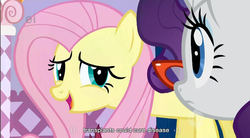 Size: 854x472 | Tagged: safe, screencap, fluttershy, rarity, pegasus, pony, unicorn, g4, suited for success, duo, female, glasses, mare, rarity's glasses, youtube caption
