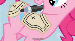 Size: 852x472 | Tagged: safe, edit, edited screencap, screencap, pinkie pie, earth pony, pony, g4, suited for success, caption, female, hub logo, mare, marker, mouth hold, solo, text, youtube caption
