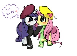 Size: 670x488 | Tagged: artist needed, source needed, safe, fluttershy, rarity, g4, beatnik, beatnik rarity, beret, clothes, female, hat, lesbian, ship:flarity, shipping