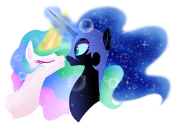 Size: 823x624 | Tagged: safe, artist:mn27, nightmare moon, princess celestia, alicorn, pony, g4, boop, eyes closed, female, glowing horn, horn, horns are touching, mare, noseboop