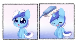 Size: 1494x838 | Tagged: safe, artist:solar-slash, minuette, pony, unicorn, g4, 2 panel comic, brushie, chibi, comic, female, mare, solo