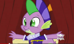 Size: 772x460 | Tagged: safe, screencap, spike, dragon, g4, hearth's warming eve (episode), hearth's warming eve, male, meme, pregnant, solo, youtube caption