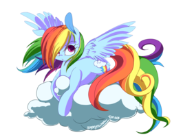 Size: 1250x1000 | Tagged: dead source, safe, artist:sugaryrainbow, rainbow dash, pegasus, pony, g4, cloud, cute, dashabetes, female, mare, on a cloud, prone, simple background, solo, spread wings, transparent background, wings