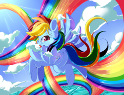 Size: 1165x892 | Tagged: safe, artist:sugaryrainbow, rainbow dash, pony, g4, female, flying, rainbow, solo