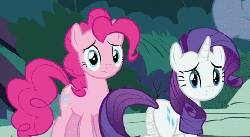 Size: 528x291 | Tagged: safe, screencap, pinkie pie, rarity, earth pony, pony, unicorn, g4, putting your hoof down, animated, butt, duo, female, fourth wall, mare, plot