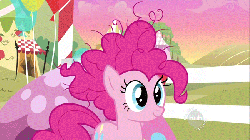 Size: 650x366 | Tagged: safe, screencap, pinkie pie, earth pony, pony, g4, season 2, the super speedy cider squeezy 6000, animated, bed hair, bed mane, bipedal, cropped, female, flailing, gif, hub logo, messy mane, morning ponies, solo