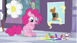 Size: 480x270 | Tagged: safe, screencap, pinkie pie, earth pony, pony, a canterlot wedding, g4, season 2, animated, board game, cute, diapinkes, dice, eyebrows, female, hub logo, not meadow song, pin the tail on the pony, piñata, sitting, smiling, solo, squee, tongue out