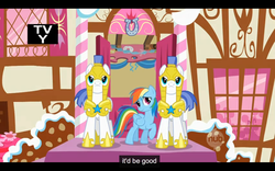 Size: 1920x1200 | Tagged: safe, screencap, rainbow dash, pegasus, pony, a bird in the hoof, g4, female, hub logo, male, mare, pegasus royal guard, royal guard, stallion, tv rating, youtube caption