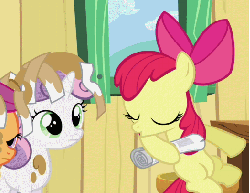 Size: 523x405 | Tagged: safe, screencap, apple bloom, scootaloo, sweetie belle, earth pony, pony, unicorn, g4, ponyville confidential, animated, cropped, cutie mark crusaders, female, filly, foal, hoof hold, messy, mud, newspaper, offscreen character, sitting