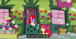 Size: 640x328 | Tagged: safe, edit, edited screencap, screencap, apple bloom, twist, earth pony, pony, call of the cutie, g4, apple bloom's bow, bow, caption, door, duo, female, filly, flower, flower pot, flower shop, foal, fourth wall, glasses, hair bow, looking at each other, looking at someone, meme, outdoors, sign, window, youtube caption