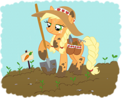 Size: 4000x3227 | Tagged: safe, artist:lauren faust, artist:shelltoon, applejack, earth pony, pony, g4, carrot, colored, female, food, hat, shovel, solo