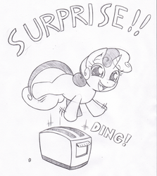 Size: 959x1077 | Tagged: safe, artist:joey darkmeat, sweetie belle, pony, unicorn, g4, cute, dialogue, diasweetes, female, filly, foal, monochrome, motion lines, onomatopoeia, signature, solo, text, toaster, traditional art