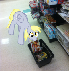 Size: 968x1000 | Tagged: safe, artist:ludiculouspegasus, derpy hooves, pony, g4, irl, muffin, photo, ponies in real life, shopping