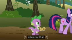 Size: 639x359 | Tagged: safe, edit, edited screencap, screencap, spike, twilight sparkle, dragon, pony, unicorn, applebuck season, g4, baked bads, caption, female, male, mare, muffin, unicorn twilight, youtube caption