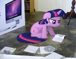 Size: 1300x1020 | Tagged: safe, twilight sparkle, pony, unicorn, g4, floppy ears, frown, imac, irl, photo, ponies in real life, reading, solo, unicorn twilight, vector