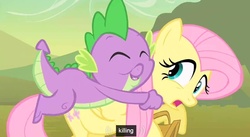 Size: 843x463 | Tagged: safe, edit, edited screencap, screencap, fluttershy, spike, dragon, pegasus, pony, g4, female, hug, male, mare, youtube caption