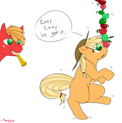 Size: 950x960 | Tagged: safe, artist:kayziomau, applejack, big macintosh, earth pony, pony, g4, apple, balancing, bipedal, duo, female, grin, hat, male, mare, mouth hold, musical instrument, ponies balancing stuff on their nose, prank, shivering, simple background, smiling, speech bubble, stallion, this will end in tears, vuvuzela