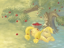 Size: 1080x810 | Tagged: safe, artist:halley-valentine, applejack, earth pony, pony, g4, apple, apple tree, female, mare, sleeping, solo, tree