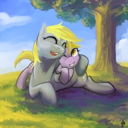 Size: 648x648 | Tagged: safe, artist:halley-valentine, derpy hooves, dinky hooves, pegasus, pony, g4, equestria's best mother, female, happy, hug, mare, smiling, tree