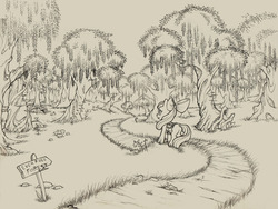Size: 1196x898 | Tagged: safe, artist:halley-valentine, apple bloom, earth pony, pony, g4, butt, everfree forest, female, filly, monochrome, mushroom, plot, solo, tree