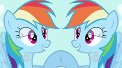 Size: 1106x616 | Tagged: safe, rainbow dash, g4, female, hub logo, hubble, mirrored, unitinu