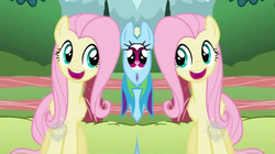 Size: 1174x658 | Tagged: safe, fluttershy, rainbow dash, g4, female, hub logo, hubble, mirrored, unitinu