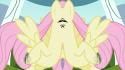 Size: 1271x714 | Tagged: safe, edit, edited screencap, screencap, fluttershy, pegasus, pony, g4, female, flying, hub logo, hubble, mare, mirrored, not salmon, raised hoof, solo, spread wings, the hub, unitinu, wat, wings