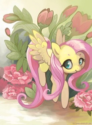 Size: 800x1080 | Tagged: safe, artist:mazzlebee, fluttershy, pegasus, pony, g4, female, flower, flying, looking at you, looking sideways, looking up, mare, smiling, solo, spread wings, three quarter view, wings