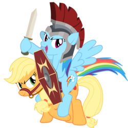 Size: 2880x2880 | Tagged: safe, artist:yudhaikeledai, applejack, rainbow dash, earth pony, pegasus, pony, g4, >:), bridle, female, hatless, helmet, high res, mare, missing accessory, open mouth, ponies riding ponies, rainbow dash riding applejack, riding, roman, rome, shield, simple background, sword, transparent background, vector, weapon