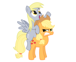 Size: 970x792 | Tagged: safe, artist:danleman14, applejack, derpy hooves, pegasus, pony, g4, angry, female, mare, ponies riding ponies, riding, simple background, transparent background