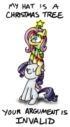 Size: 333x605 | Tagged: safe, artist:zicygomar, fluttershy, rarity, pony, g4, fluttershy riding rarity, fluttertree, meme, ponies riding ponies, pony hat, riding, your argument is invalid