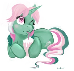 Size: 898x854 | Tagged: safe, artist:halley-valentine, fizzy, pony, unicorn, g1, g4, drink, drinking, female, g1 to g4, generation leap, glass, one eye closed, pink eyes, simple background, soda, solo, white background