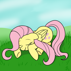 Size: 750x750 | Tagged: safe, artist:tehflah, fluttershy, pegasus, pony, g4, eyes closed, female, folded wings, grass, mare, outdoors, prone, sleeping, smiling, solo, wings