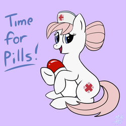 Size: 800x800 | Tagged: safe, artist:tehflah, nurse redheart, earth pony, pony, g4, female, happy, hoof hold, looking at you, mare, pills, purple background, simple background, sitting, text