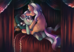 Size: 1200x850 | Tagged: safe, artist:crookedtrees, diamond tiara, silver spoon, earth pony, pony, g4, bed, duo, duo female, female, glasses, implied foalcon, lesbian, mare, pillow, ship:silvertiara, shipping